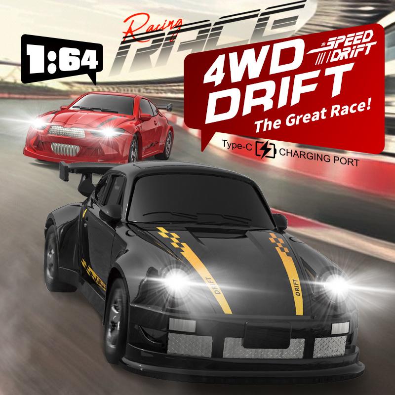 1:64 Drift Car Remote Control Toy Car 2.4GHz 4WD Luminous Front and Rear Headlights Tyre and Roadblock Tools Remote Control with Electronic Locator