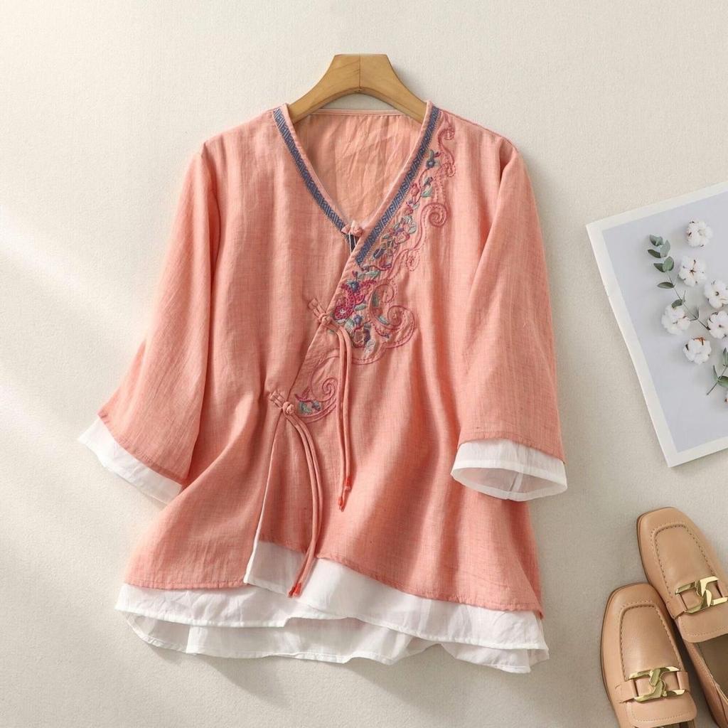 Summer new ethnic embroidered cotton and linen medium-sleeved top loose diagonal placket button-up shirt retro zen tea clothes