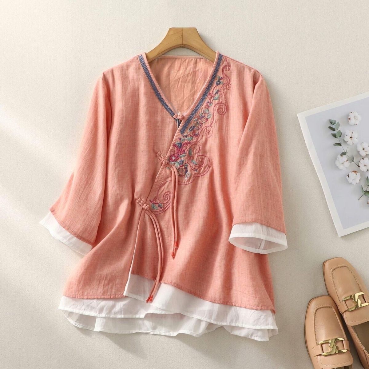 

Летняя новая этническая вышитая хлопково-льняная блузка с рукавом средней длины, свободная рубашка на пуговицах с диагональной застежкой, ретро, дзен, одежда для чая 3XL оранжевый