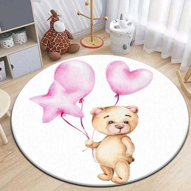 Cartoon Cute Little Bear Animals Round Carpet for Living Room Decor Kid's Bedroom Play Floor Mat Anti-Slip Camping Picnic Mats