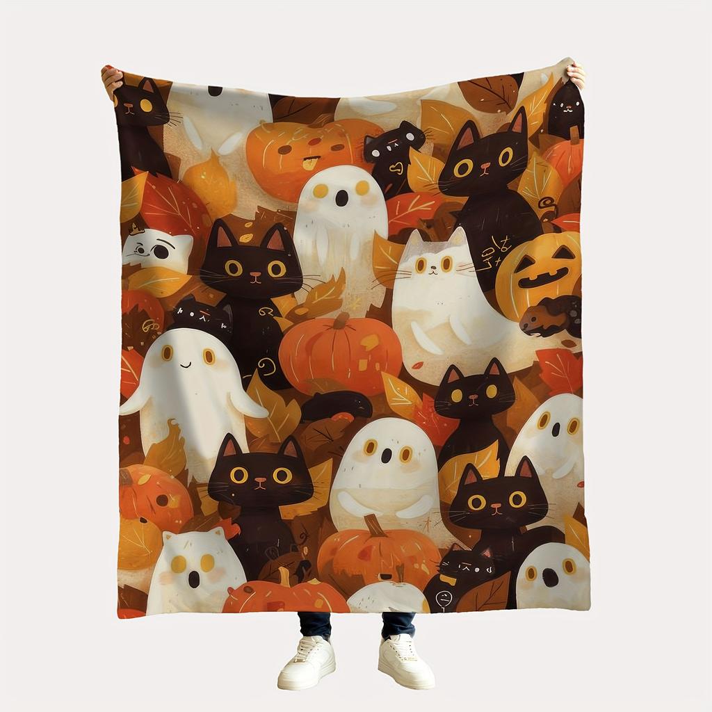 Cute Halloween Cats Blanket - Soft Throw with Ghosts, Pumpkins, Festive Home Decor, Unique Gift for Kids and Cat Lovers