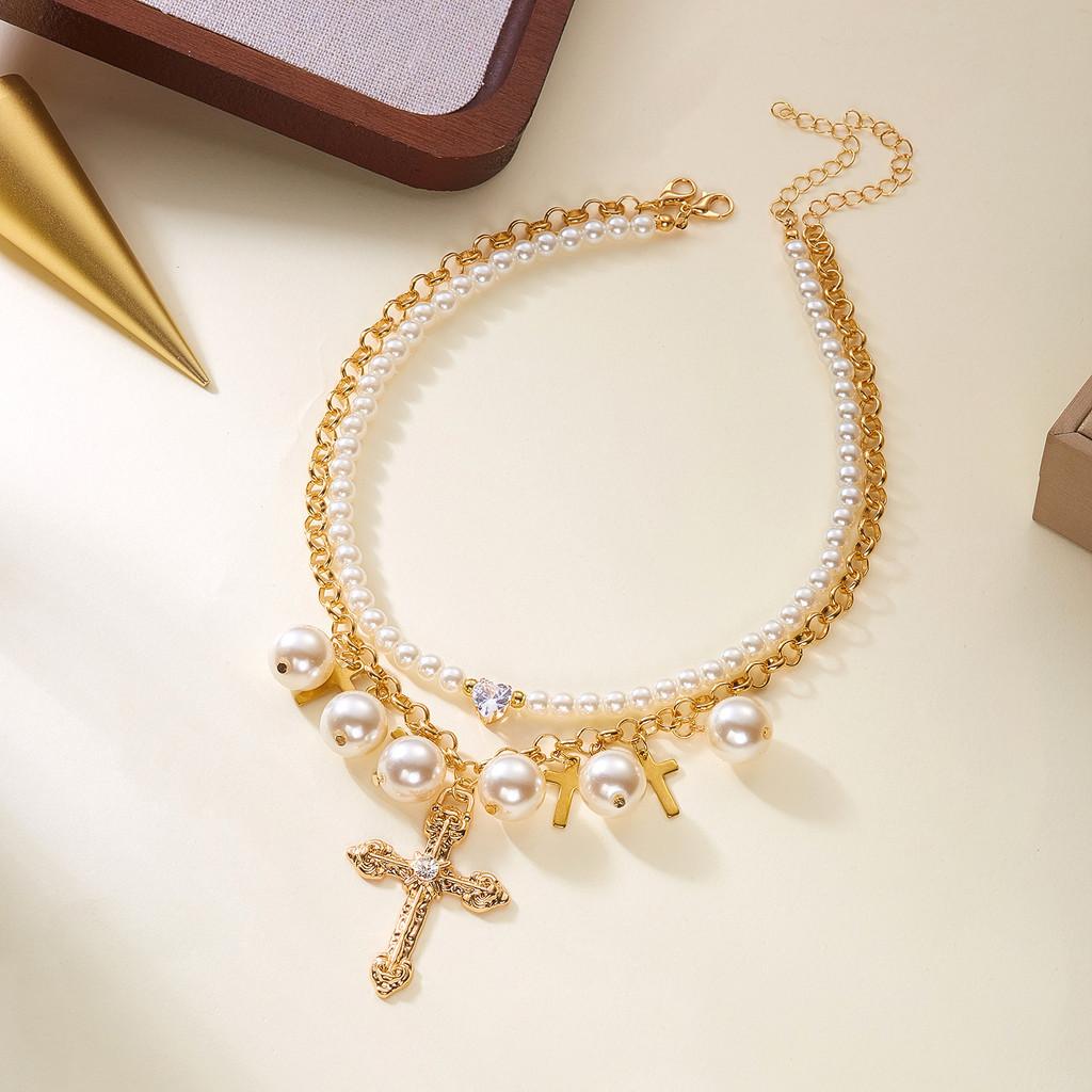 Cross Pendant Necklace Set With Faux Pearl Geometric Design For Women Winter 2025