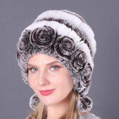 Damen Warme Dicke Ohrenschützer Pelz Rex Kaninchenfell Mütze Drei-Kugel Herbst und Winter Damen Runde Mütze Gestrickte Wollmütze