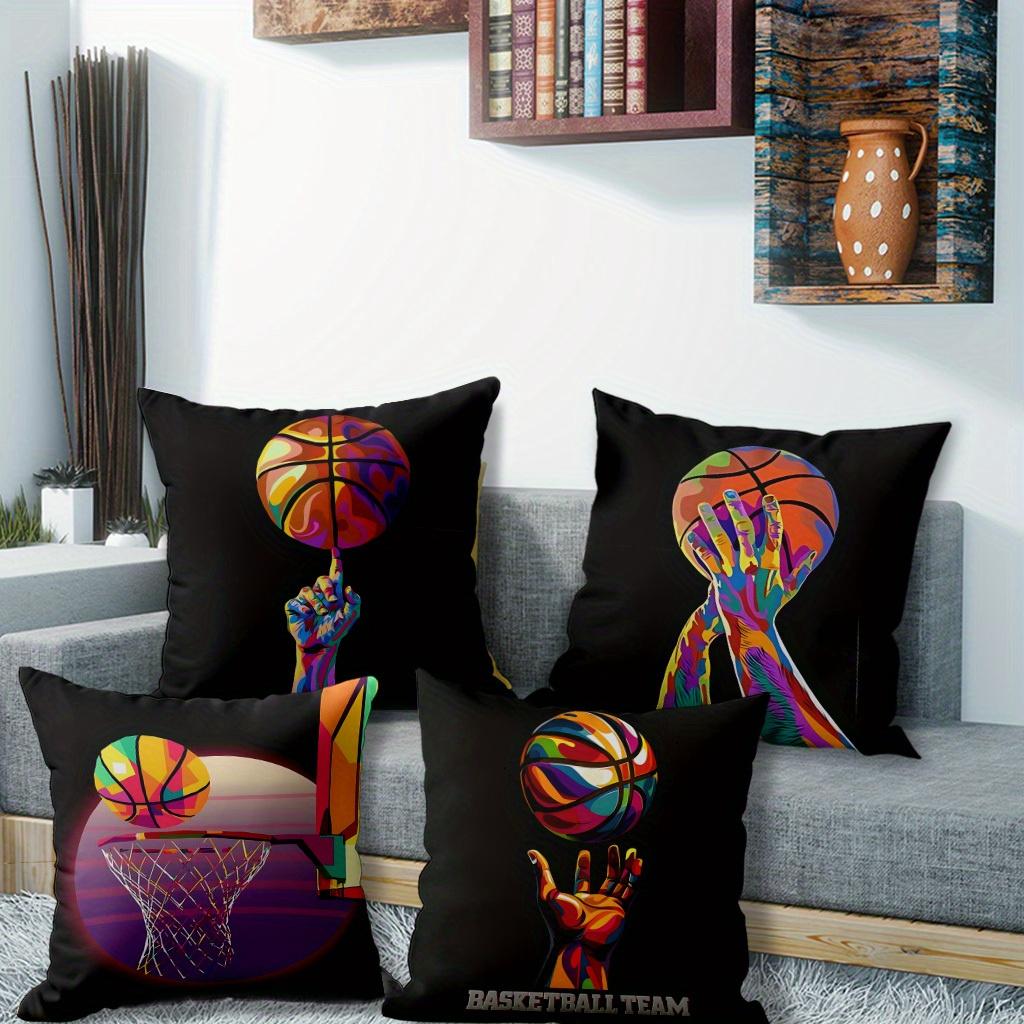 4Pcs Pop Art Basketball Throw Pillow Covers, Colorful Basketball Hand & Hoop Print Cushion Cases, Basketball Fan Home Decor