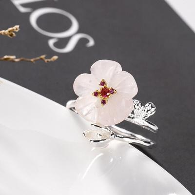S925 Pure Silver Inlaid Natural Powder Crystal Plum Blossom Fresh and Sweet Women's Opening Ring Ring Wholesale