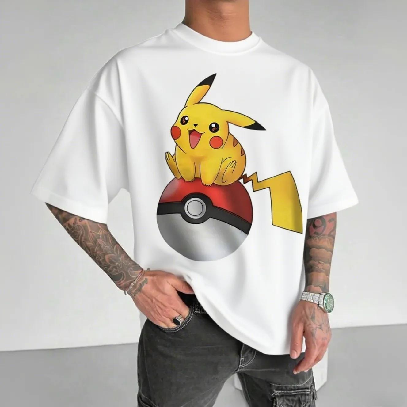 

Літні чоловічі футболки з круглим вирізом, з модним повсякденним принтом Pokémon Pikachu 3D, з коротким рукавом 5XL