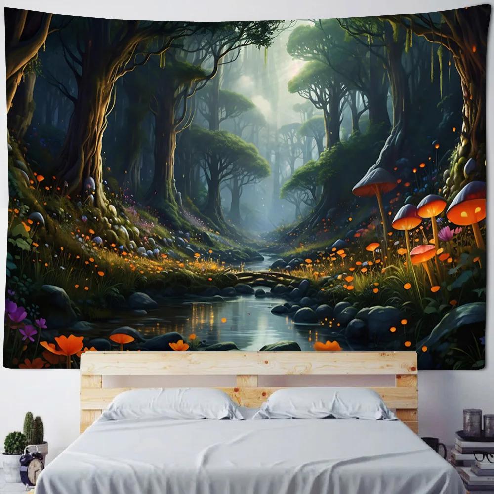 Green jungle tapestry, psychedelic castle home decoration wall hanging, Bohemian living room background cloth poster, sofa cover