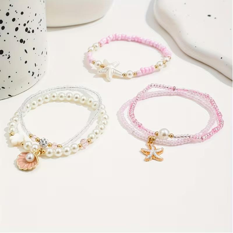 5 pcs Pearl-like shell star pendant - Handmade pearl beads - Pink series bracelet set - Party gift for a music festival vacation