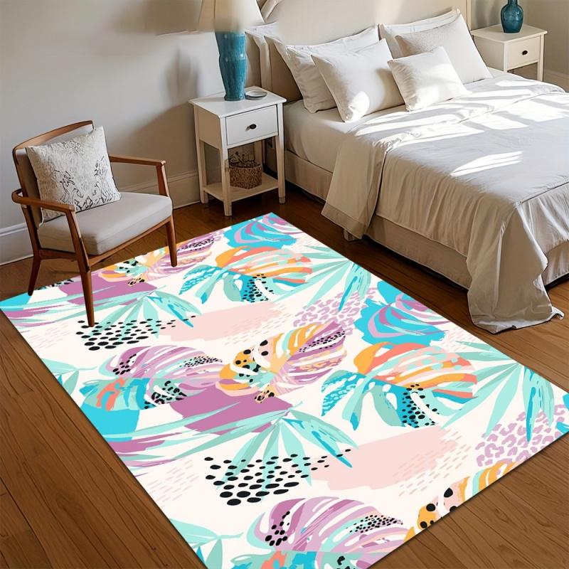 Boho Gradient Hibiscus Palm Leaf Area Rug Tropical Flower Banana Foliage Print Non Slip Carpet Bedroom Coastal Vacation Decor