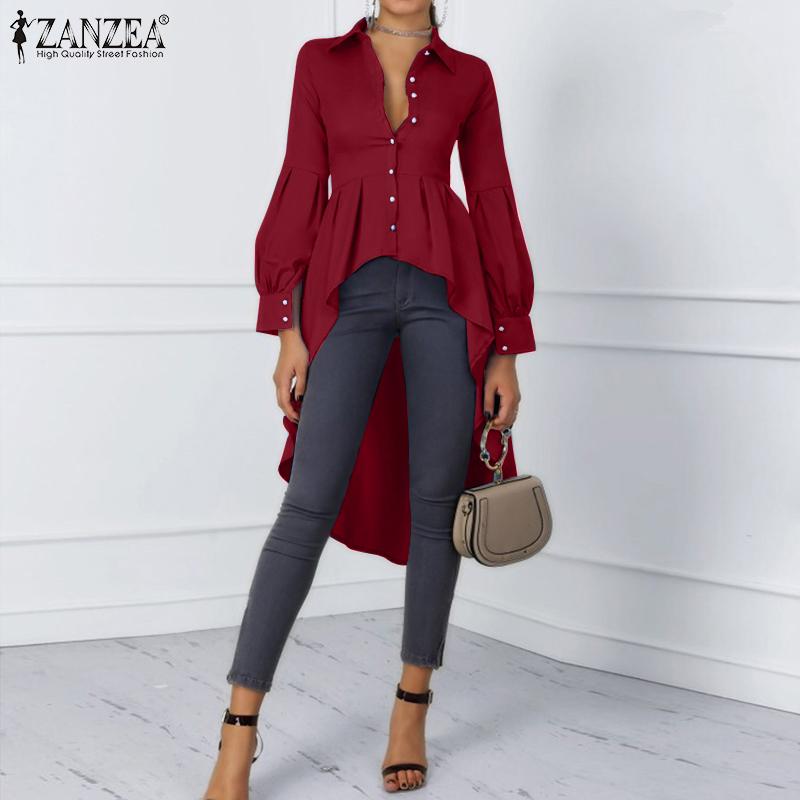 ZANZEA Dámská halenka s límečkem s klopami, dlouhým rukávem, asymetrickým lemem ve tvaru A