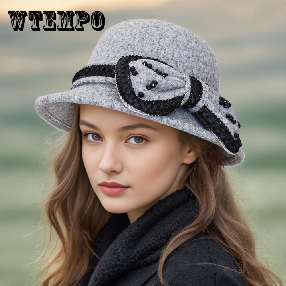 Bow Autumn and Winter Ladies Hat Wool Fashion Winter Top Hat Basin Hat Bucket Hat British Retro