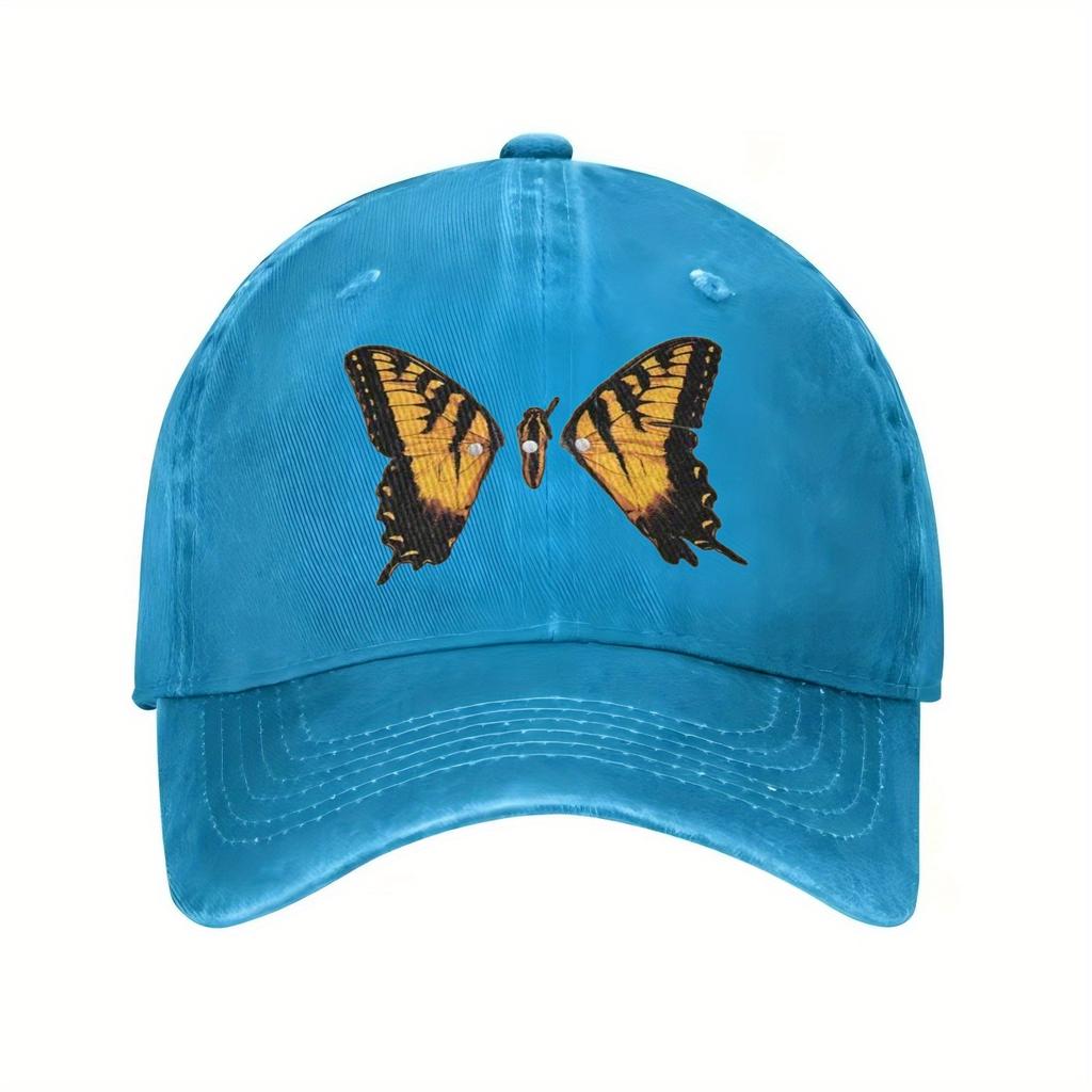 Butterfly Print Baseball Cap Unisex Adjustable Cotton Casual Sports Black Washed Hat