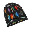 Fashionable Knit Polyester Beanie Hat With Fishing Lure Pattern, Stretchable Skull Cap With Elastic Weave