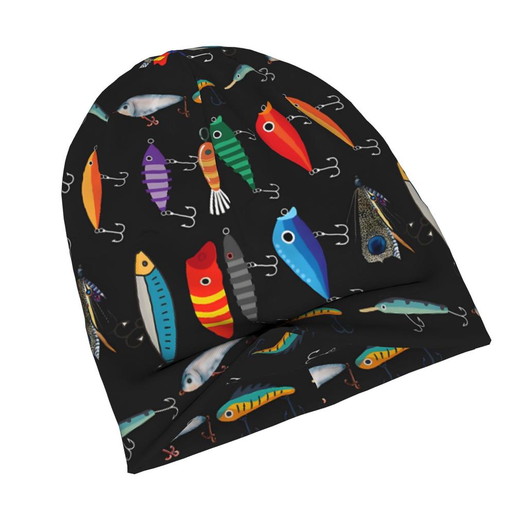 Fashionable Knit Polyester Beanie Hat With Fishing Lure Pattern, Stretchable Skull Cap With Elastic Weave