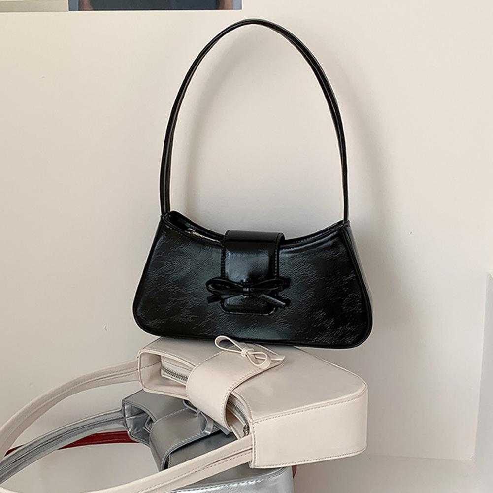 Sweet Bow Shoulder Bag with Zipper Closure Fashion Handbag Retro Everyday Purse Trendy Underarm Bag for Women and Girls