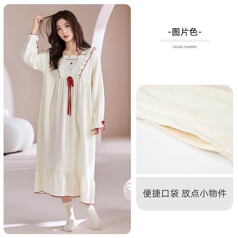 Pajamas Women Spring And Autumn Pure Cotton Long-Sleeved Medium And Long Skirts Cute Fairy Style Pajamas Gauze Can Be Worn Outside
