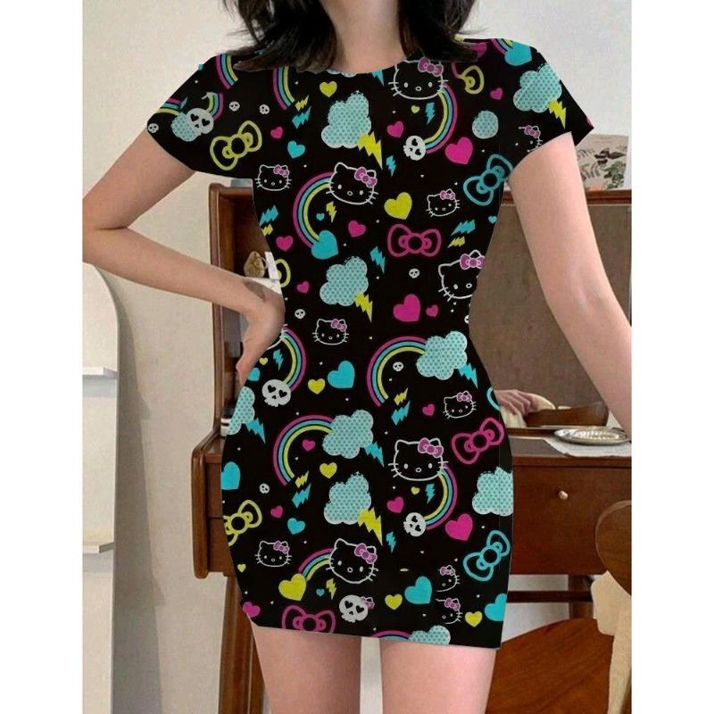 Y2k Fashion Women's 2024 Summer Sexy Tight Mini Dress Party Hello Kitty Printed Loose Short Dress