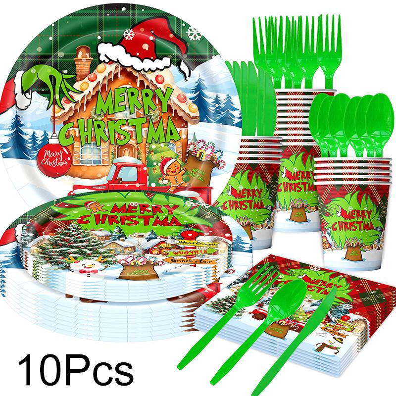 1Set Disposable Tableware Set Spoon X-mas Party Decorations Party Supplies Fork Happy New Year Paper Plates Merry Christmas