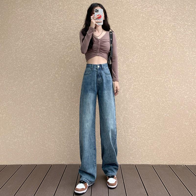 2024 Wide-Leg High-Waisted Black Jeans for Pear-Shaped Women - Spring/Autumn Floor-Length, Slimming Drape Effect