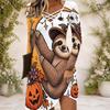 Women s Criss Cross V Neck Long Sleeve White Halloween Sloth Pumpkin Printed Dress