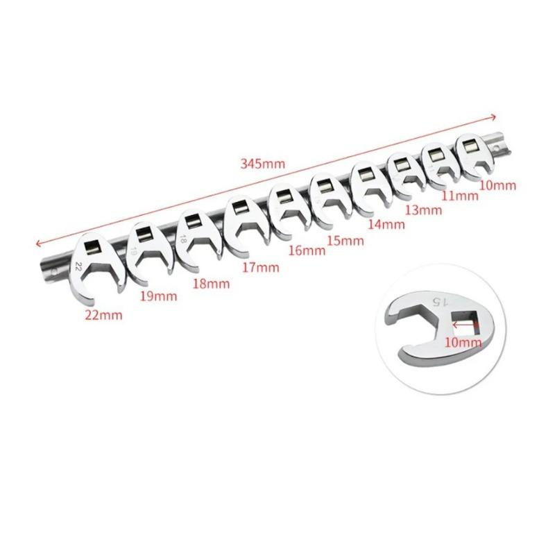 Set of 10 Crowfoot Wrenches with a 3/8 Inch Drive, Ranging from 10 To 22Mm, Designed for Use with Torque Wrench Keys
