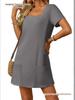 Women's Casual Square Neck Short Sleeve Pocket Solid Color Dress for Summer 2026
