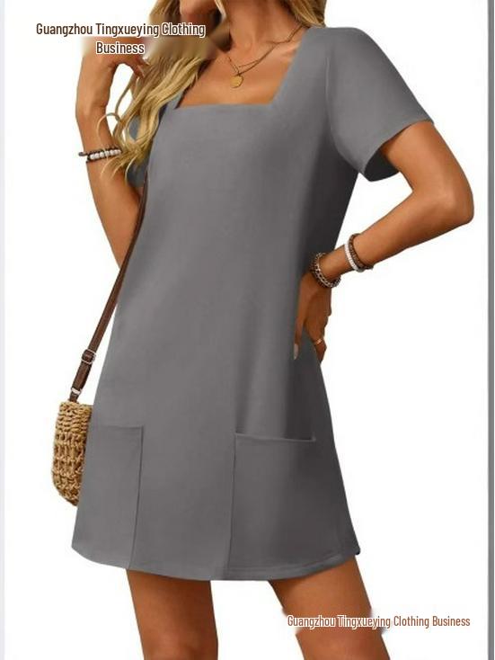 Women's Casual Square Neck Short Sleeve Pocket Solid Color Dress for Summer 2026