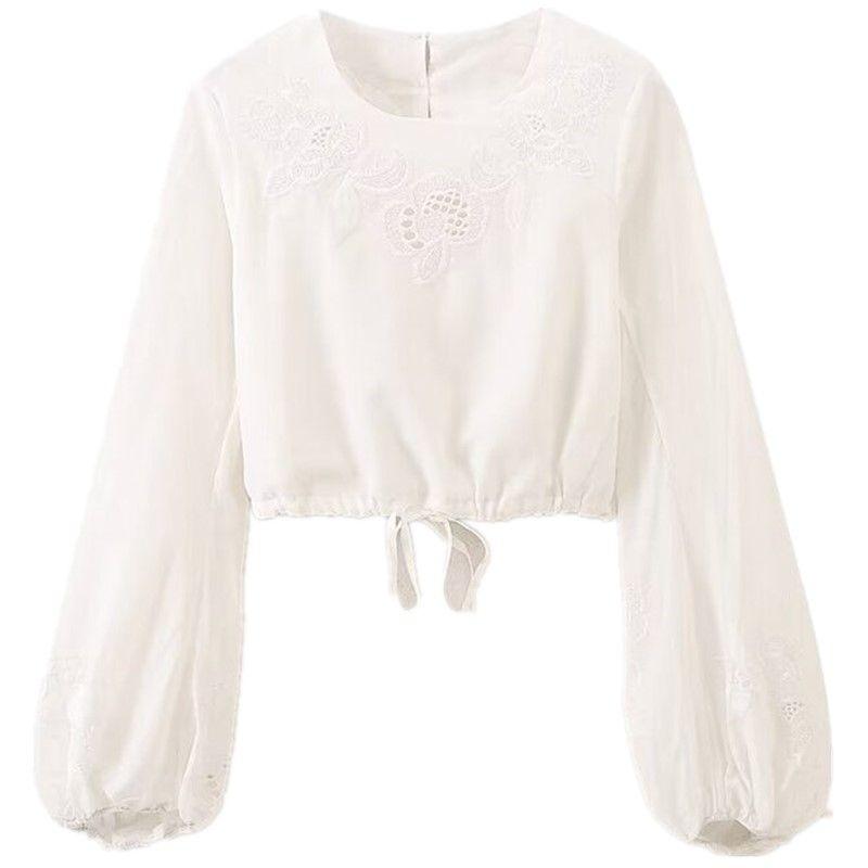 

Fashion Style 2024 New Fall Women s Clothing White round Neck Long Sleeves Embroider Short Top Cotton Blend 6895240 White L