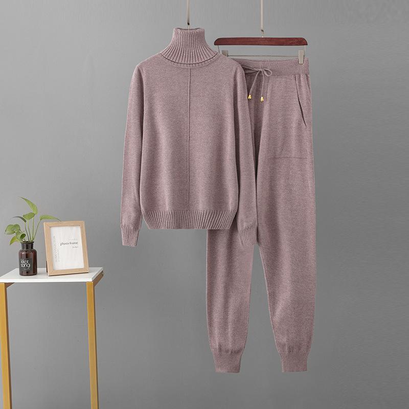 Candy Color Knitted 2 Piece Sets Women Turtleneck Knitwears Sweater Pullover Tops High Waist Casual Harem Pants Outfit
