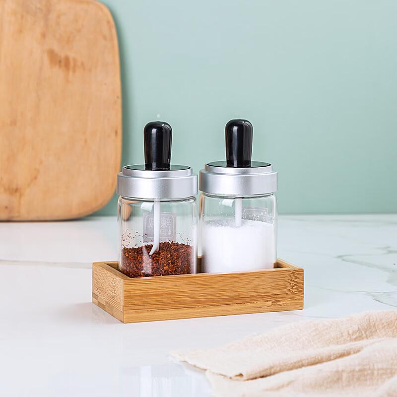 LISM 2-Piece Glass Condiment Set with Spoon Lids and Bamboo Tray