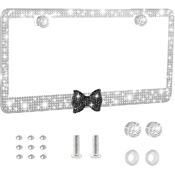 Bling License Plate Frame For Women - Sparkly Diamond Car Tag Cover With Rhinestone Crystals & Gift Bow, Stainless Steel Luxury Car Accessories For