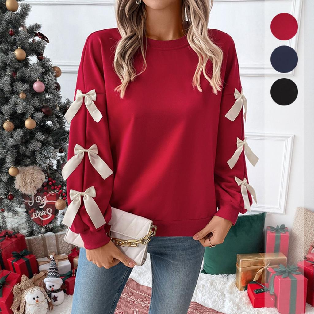 2025 Autumn Winter Women's Red Christmas Sweatshirt Sweet Style Round Neck Bowknot Pullover Top for Women