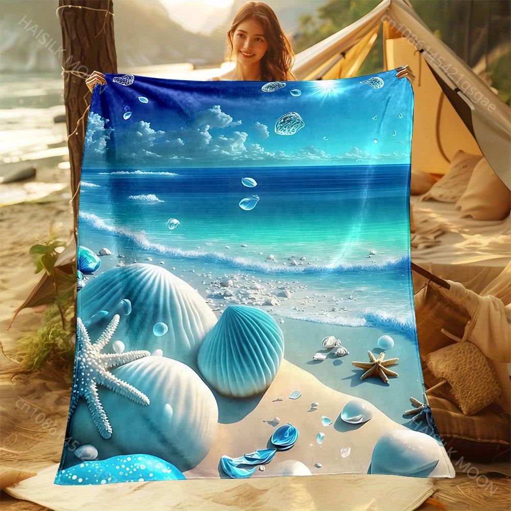 1PC Blue seashells waves beach Print Adult Children Warm Blankets Home Travel Car Soft and Comfortable Suitable for all seasons