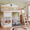 [N622D161516W] Etagenbett, mit Treppe, mit Absturzsicherung und Rausfallschutz, Kinderbett mit Dach und Fenster, Kiefer+MDF, Weiß+Natur, 90x200cm