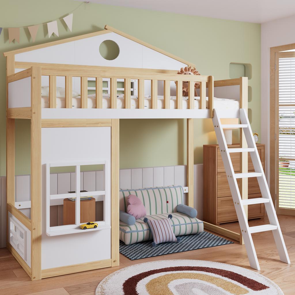 [N622D161516W] Etagenbett, mit Treppe, mit Absturzsicherung und Rausfallschutz, Kinderbett mit Dach und Fenster, Kiefer+MDF, Weiß+Natur, 90x200cm