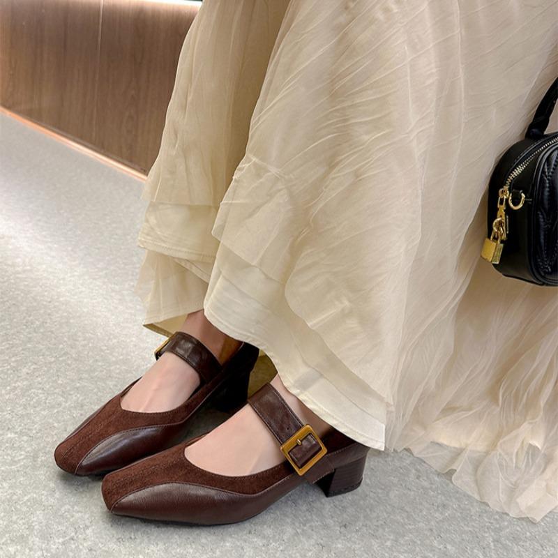 Mary Jane High Heels Women's Thick Heels One-strap Shoes Medium Heel Square Toe Small Leather Shoes