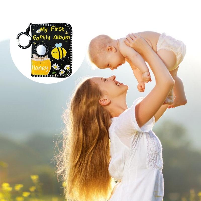 Bees Pattern Washable Baby Memory Book Album with Clear Photo Pocket and Safe Mirror for Capturing Preciously Moment