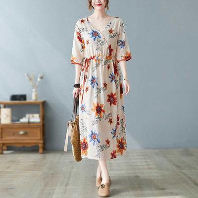 New Loose Plus Size Printed Waist Tie Rope Ethnic Style V-neck Five-minute Sleeve Literary Long Dresses