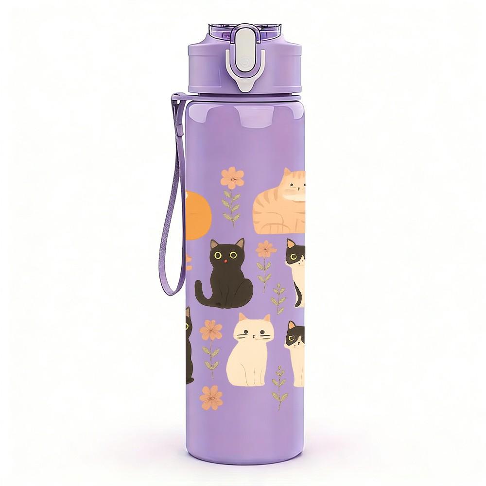 1PC Multi Cat Silhouette Pattern 750ml Color Plastic Sports Water Bottle Leakproof Flip Straw Lid Suitable for Sports Office Home Use