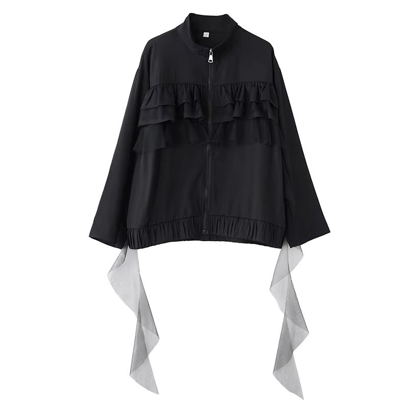 XITAO Gauze Contrast Color Ruffles Zipper Jacket GYX1510
