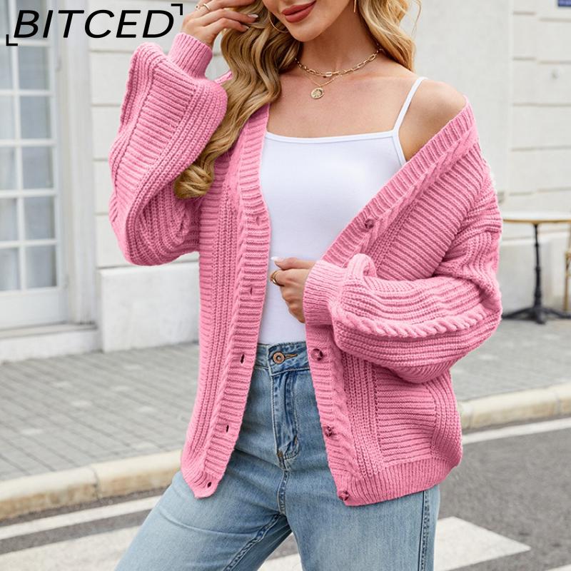 BITCED Relaxed-Fit Oversized Cardigan Autumn/Winter Long-Sleeved V-Neck Cable-Knit Sweater
