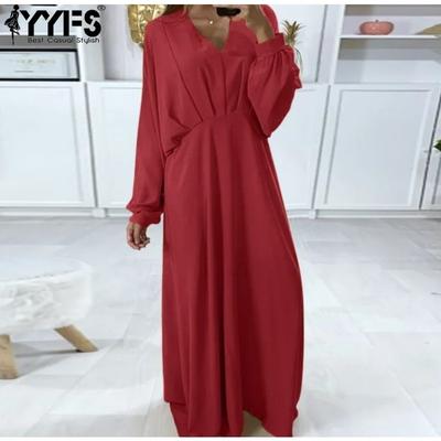 Women's Fashion Spring Fall Solid Color Print Long Sleeve V-Neck Loose Waistline Casual Dresses