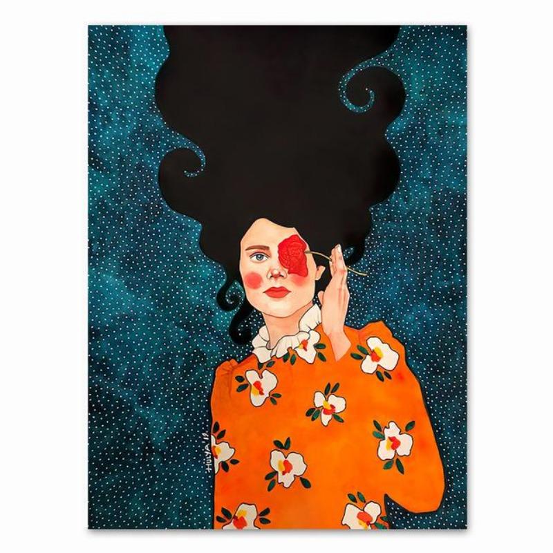 Abstraktní dívka vlasy květina pták nástěnná malba na plátně plakáty na severské téma a tisky vintage nástěnné panely pro dekor obývacího pokoje bez rámů