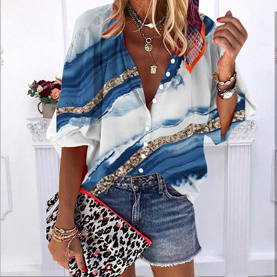 

2023 Summer Autumn New Fashion Women s Tops Navy Blue Mountains and Rivers Printed Half Sleeve Casual Plus Size Button-down Shirt with Bubble Sleeves