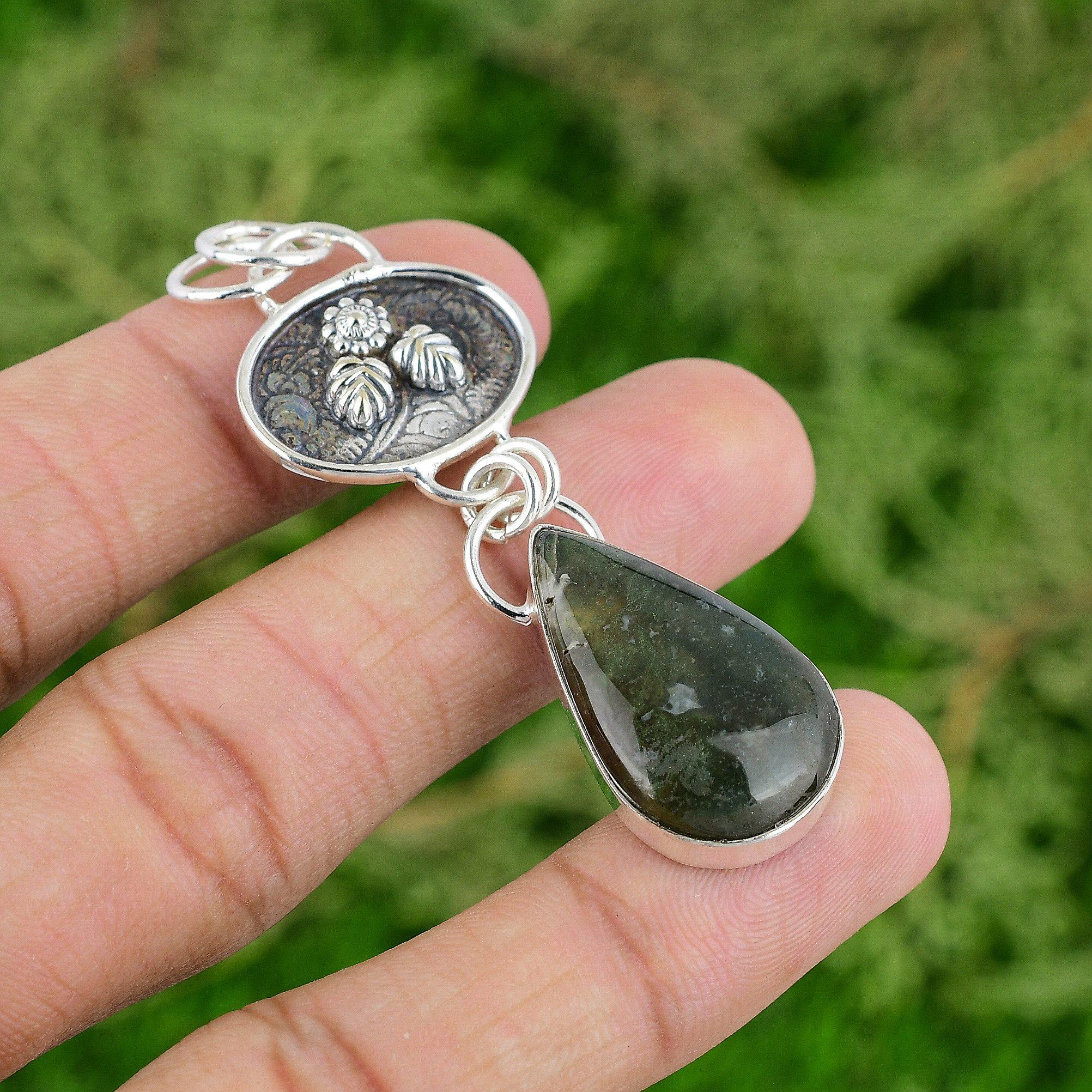

Daughters Day Deal Pear Solar Moss Agate Gemstone 925 Sterling Silver Pendant