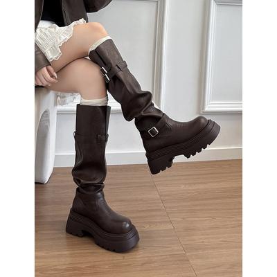 Thick-soled Heightening Maillard Boots Women's Vintage Tall Knight Boots Pile Boots Western Boots
