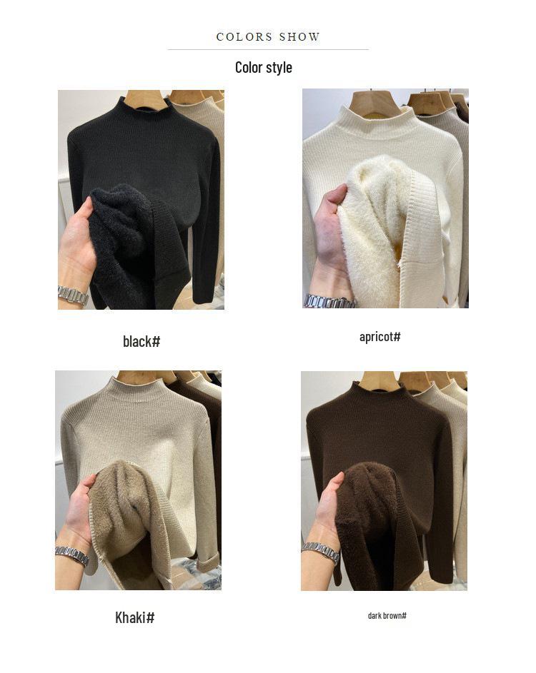 Damen Winter Strickpullover mit Samtfutter - Halber Rollkragen, Einfarbig, Warmes Innenoberteil