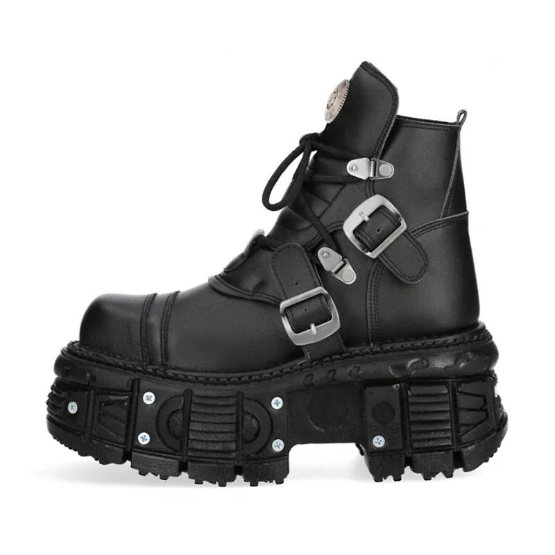 Fashion 2025 New Genuine Leather Tank Sole Punk Short Boots Short Boots Thick Sole Buckle Lace Up Boots Fashion Street Motorcycle Boots