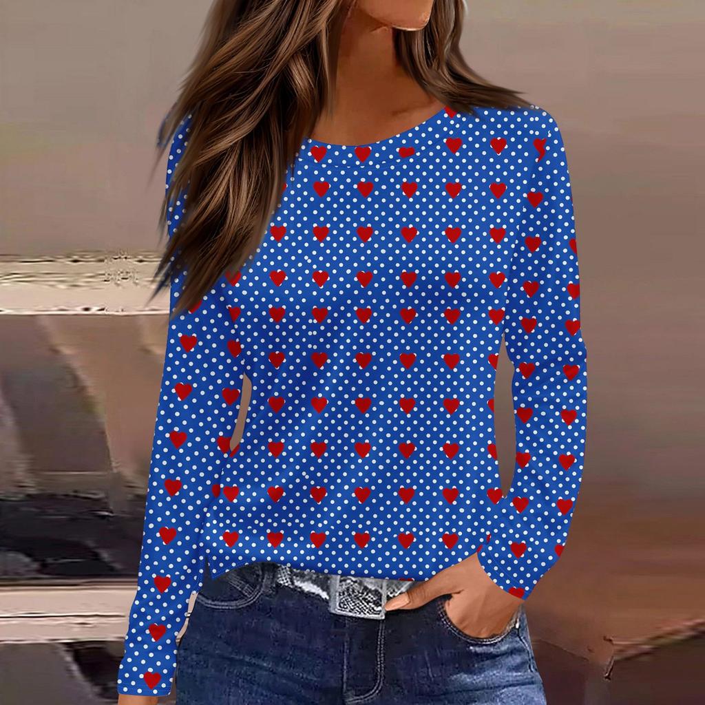 Women's Fashion Casual Slit Hem Round Neck Long Sleeve Loose Printed T-Shirt Ladies Top