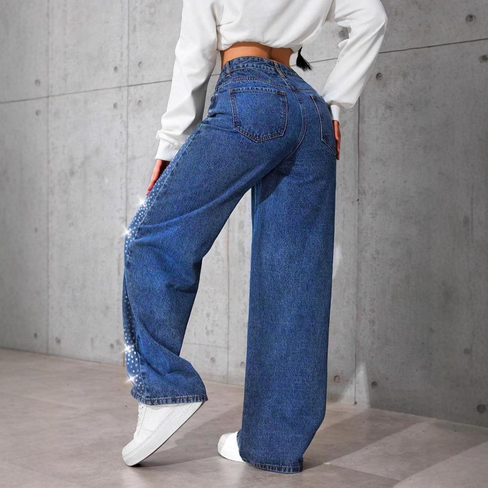Women's High Rise Wide Leg Pants Loose Straight Leg Jeans Rhinestone Bow Print Non Stretch Denim Trousers Vintage American Streetwear Long Jeans